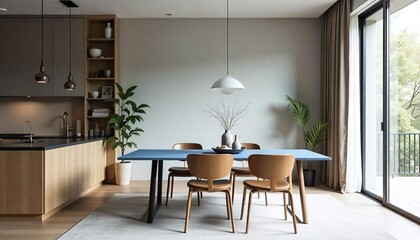 Modern Minimalist Dining Room Interior Design with Blue Table and Wooden Chairs