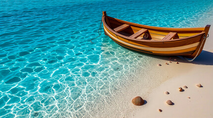 A wooden boat gently rests on a tranquil sandy beach, where crystal-clear turquoise waters gently lap at the shore. A scene of peace and tranquility.