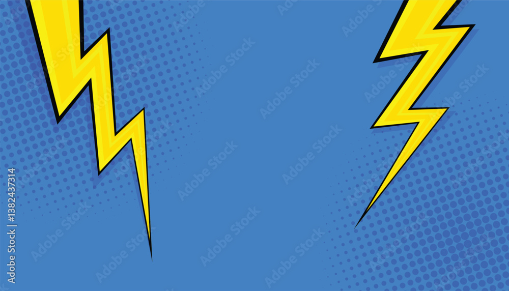 Poster Abstract comic background with thunder flash. blue comic background with thunder lightning and halftone. thunder illustration