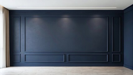 Elegant Dark Blue Wall Paneling Interior Design Mockup Modern Room with Wood Floor