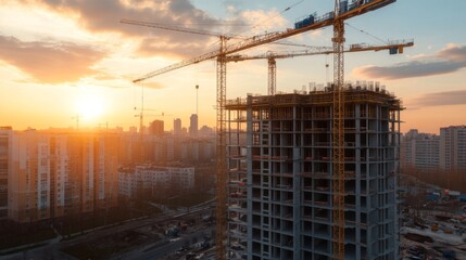 Construction Site at Sunset Modern High Rise Building Under Construction with Multiple Tower Cranes