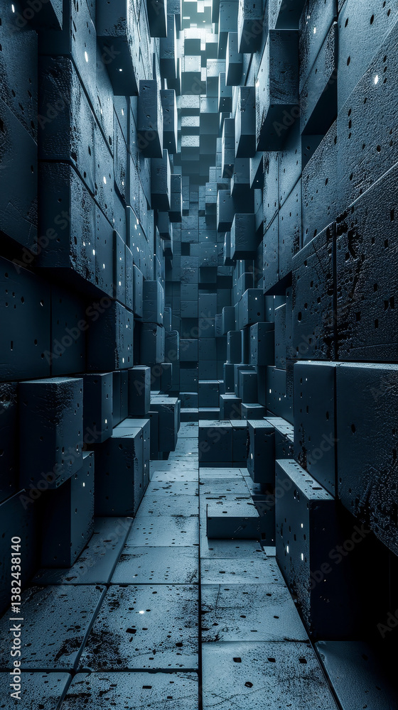 Poster futuristic geometric 3d structure in dark tech environment with minimal design and simple forms, hig