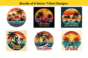 Bundle of 6 Vector TShirt Designs Beach Palm Trees and Vintage Sunset
