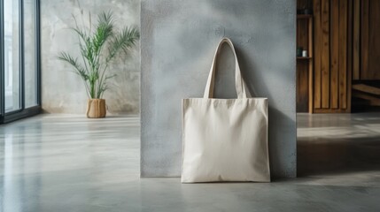 Eco Friendly Beige Tote Bag Mockup in Modern Room Setting Perfect for Branding and Design