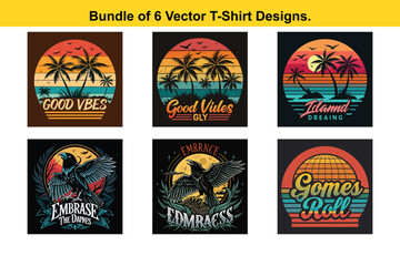 Bundle of 6 Retro Vector TShirt Designs with Palm Trees and Sunset