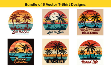 Obraz premium Bundle of 6 Vector TShirt Designs Beach Sunset Palm Trees Retro Style