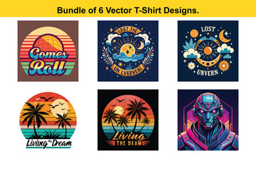 Bundle of 6 Vector TShirt Designs Beach Palm Trees and Vintage Sunset