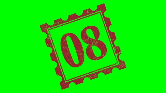 Animated "08" rubber stamp seal with bold red text, featuring a zoom and hit effect on a green screen background, perfect for numbering, ranking, eighth place and priority labels