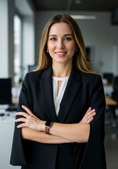 Fototapeta premium Chic lady in her 40s, a corporate manager, posing confidently in a sleek office environment.