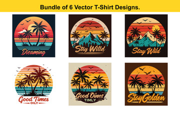 Bundle of 6 Vector TShirt Designs Beach Sunset and Palm Trees