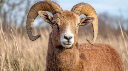 A close-up of a ram with prominent horns in a grassy setting.