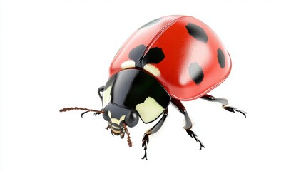 Fototapeta premium Close-up view of a ladybug showcasing its vibrant red shell and black spots, highlighting the details of this small beetle, isolated on white background