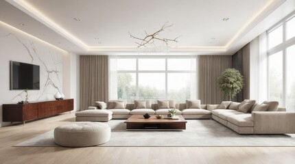 3D Rendering of a Stylish Living Room with Large TV as Focal Point