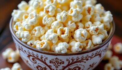 Artistic Popcorn Bowl A close up of a beautifully designed bowl filled with perfectly popped popcorn, showcasing texture and detail.