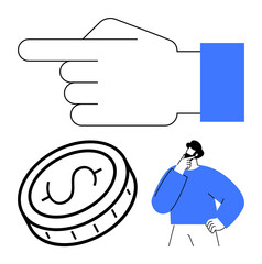 Hand pointing gesture, coin with dollar sign, person pondering in blue clothing. Ideal for finance, decisions, investment, guidance, priorities, strategy flat simple metaphor