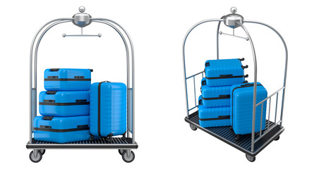Obraz premium Set of Regular polycarbonate suitcase on hotel trolley cart for carrying baggage on white background. 3d render travel concept of hotel service on vacation and luggage transportation