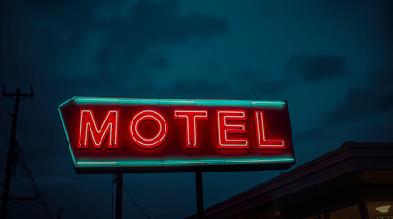 A neon motel sign glowing against a twilight sky, creating a sense of intrigue and nostalgia.