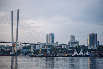 Golden cable stayed bridge crossing zolotoy rog bay, revealing vladivostok's urban landscape with maritime vessels gliding through harbor waters