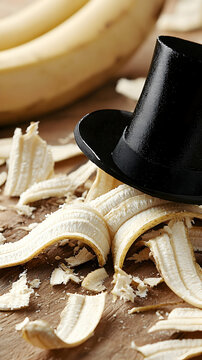 Naklejki Black Top Hat on Peeled Banana on Brown Surface