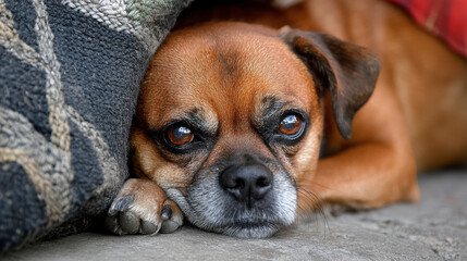 A close-up of a resting dog with expressive eyes, showcasing its calm demeanor.