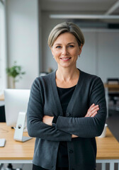 Chic mature female professional in a professional outfit, standing with arms crossed indoors.
