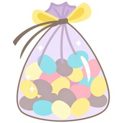 Easter gift celebratory. A colorful bag filled with pastel eggs, tied with a ribbon, exuding a festive and playful vibe. isolated on white background