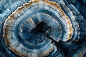 Intricate concentric rings of a geological formation, showcasing shades of blue and gold, resembling a cross-section of a tree or mineral.
