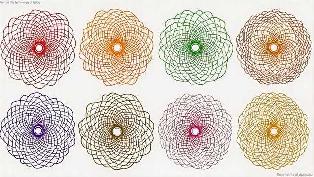 A collection of intricate spirograph patterns, each radiating from a central point, demonstrating the beauty of mathematical precision and artistic design.