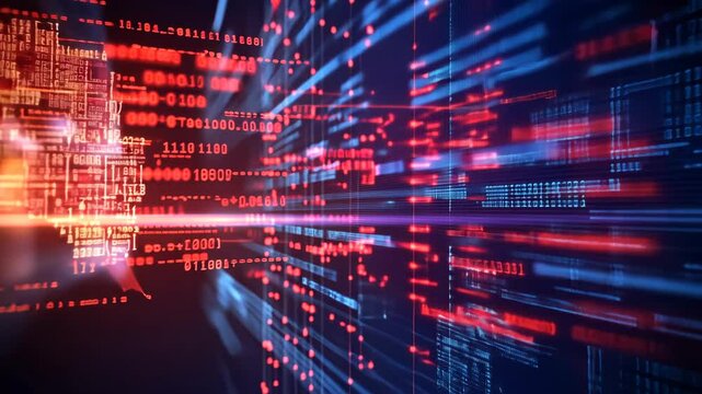 Digital data flow depicting cyber security analysis and technology advancement in a futuristic environment