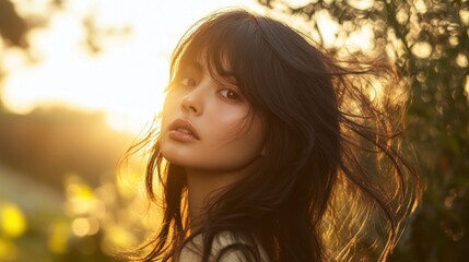 Fototapeta premium golden hour beauty portrait of young woman with flowing hair
