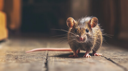 A close-up of a small brown mouse on a wooden floor, showcasing its whiskers and ears.