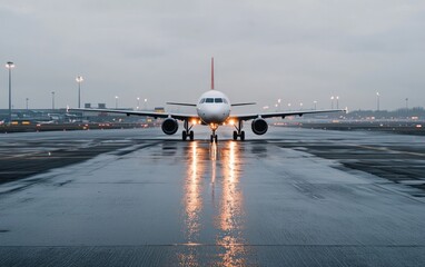 Airplane Taxiing on Wet Runway at Dusk