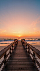 Obraz premium Wooden pier stretching towards sunset at the beach, timeless serenity
