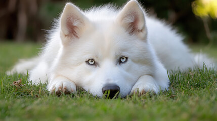 Obraz premium A close-up of a white dog lying on the grass, looking curiously at the viewer.