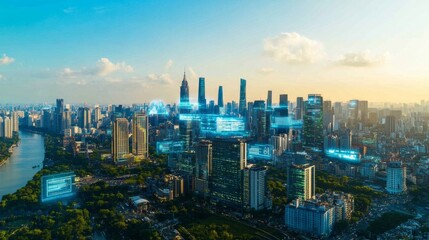Fototapeta premium Smart City Skyline Aerial View Futuristic Technology Digital Network Data