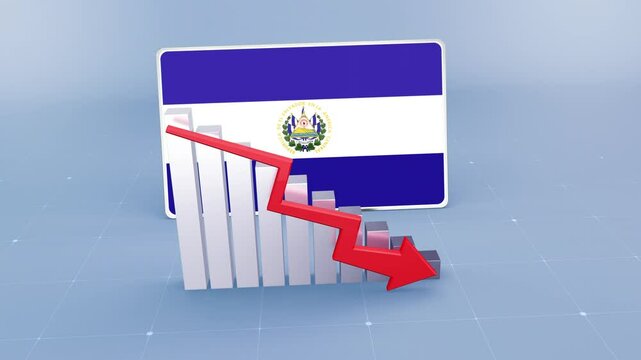 El Salvador Country Flag and Bar Chart Graph Showing Decreasing Values a Red Arrow Economic Crisis Concept. Flag of the El Salvador