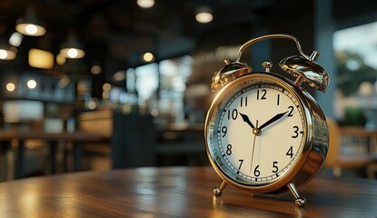Golden alarm clock on a wooden table in a cafe