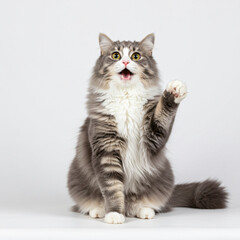 Obraz premium Fluffy gray and white cat with green eyes, sitting and raising one paw.