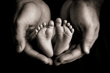 Strong adult hands gently cradle tiny baby feet in a black and white close-up, symbolizing love, protection, and parental care. The intimate composition evokes warmth, tenderness, and family bonds.