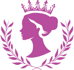 Elegant Pink PNG Vector Silhouette of a Crowned Woman’s Head with Laurel Wreath for Royal and Feminine Designs