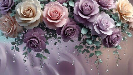 Elegant Pastel Floral Arrangement of Roses with Water Droplets, Greenery, and Soft Gradient Background - Perfect for Romantic and Wedding-Themed Uses