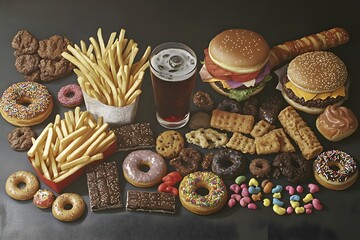 Variety of unhealthy junk food including burgers fries donuts and sugary drinks.