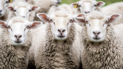A close-up of several sheep facing the camera in a pastoral setting.