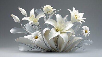 Intricate White Paper Flowers Arrangement with Lilies, Roses, and Daisies - Handmade Art Perfect for Decorative Displays, Greeting Cards, and DIY Projects