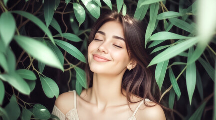 Young Woman Relaxing with Eyes Closed Among Green Leaves