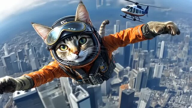 A daring cat in a space suit skydives over a bustling cityscape with helicopters in flight