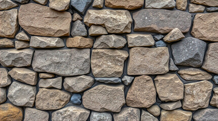 Obraz premium A sturdy stone wall, constructed with a variety of shapes and textures of stone, provides a sense of solidity and timelessness. A striking display of craftsmanship.