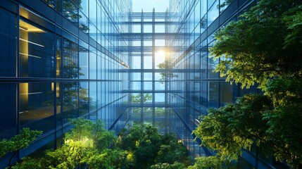 Modern Glass Building Atrium with Lush Green Trees Sunlight Eco Friendly Design