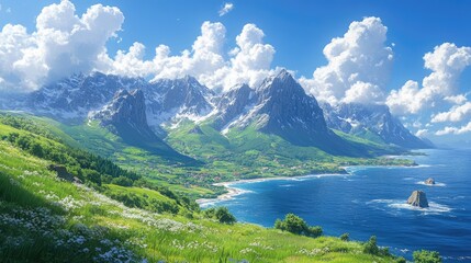 Fototapeta premium Breathtaking coastal landscape featuring majestic mountains and vibrant greenery under a bright blue sky with fluffy clouds