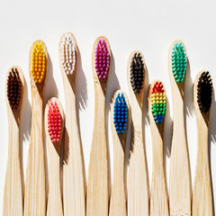 Eco friendly Bamboo toothbrushes with colored bristles at sunlight with dark shadows on white...
